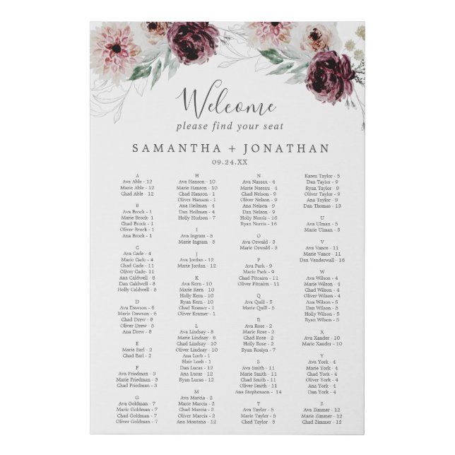 Floral Romance Alphabetical Seating Chart Faux Canvas Print (Front)