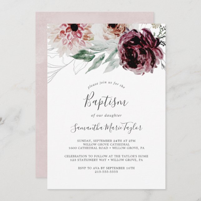 Floral Romance Baptism Invitation (Front/Back)
