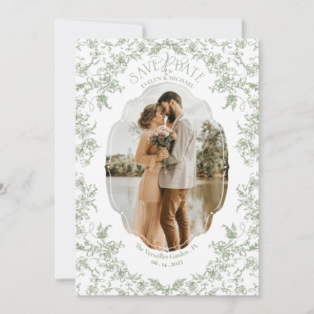 Floral Romance Chinoiserie Classic Love Sage Green Save The Date (Front)