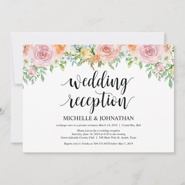 Floral Romance Elopement Reception Invitation Card (Front)