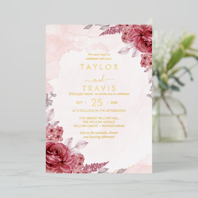 Floral Romance | Gold Foil All-In-One Wedding Foil Invitation (Standing Front)