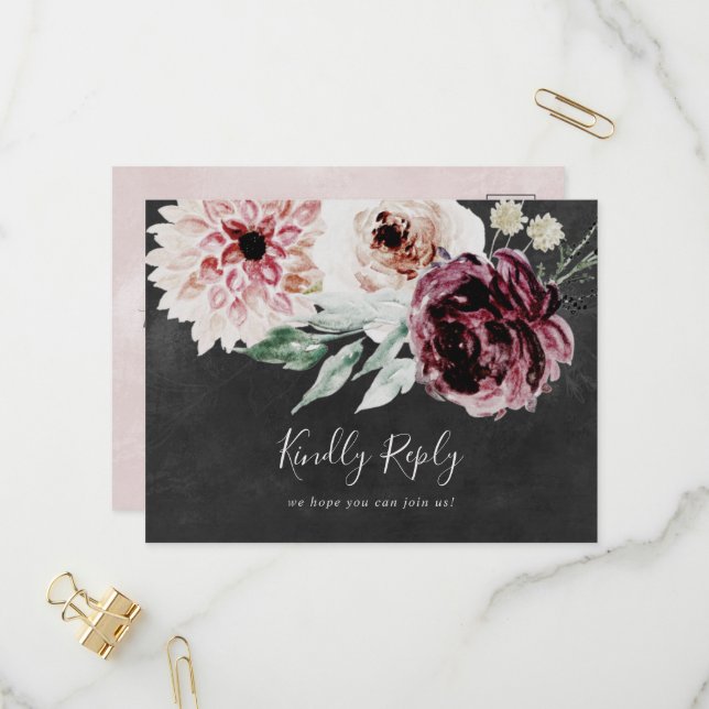 Floral Romance | Gray Menu Choice RSVP Postcard (Front/Back In Situ)