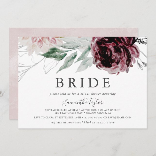 Floral Romance Horizontal Bride Bridal Shower Invitation (Front/Back)