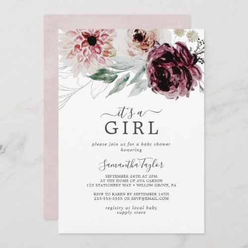 Floral Romance Its A Girl Baby Shower Invitation