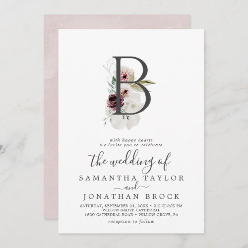 Floral Romance Letter B Monogram Wedding Invitation