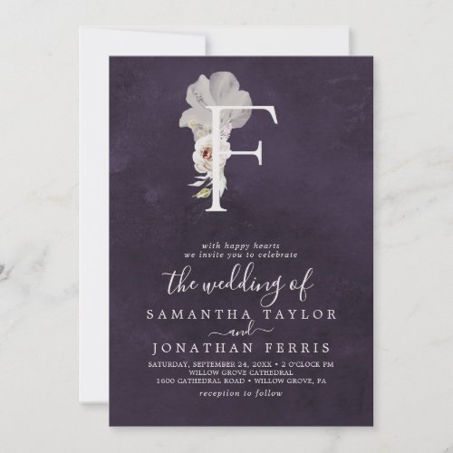 Floral Romance Letter F Monogram  Plum Wedding Invitation