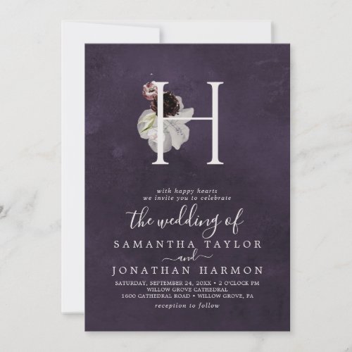 Floral Romance Letter H Monogram  Plum Wedding Invitation