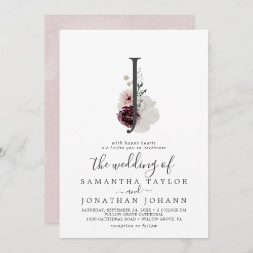 Floral Romance Letter J Monogram Wedding Invitation