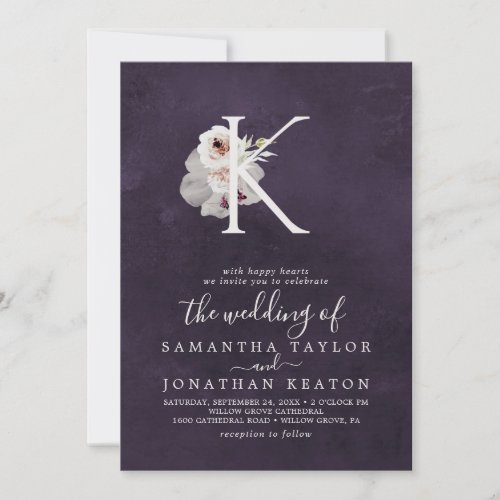 Floral Romance Letter K Monogram  Plum Wedding Invitation