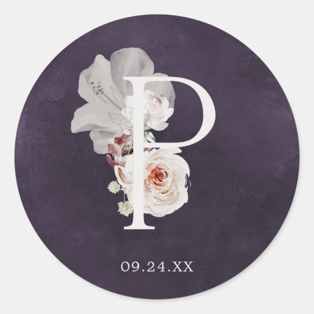 Floral Romance Letter P Monogram Plum Wedding Seal (Front)