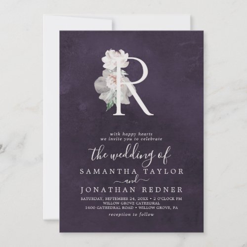 Floral Romance Letter R Monogram  Plum Wedding Invitation