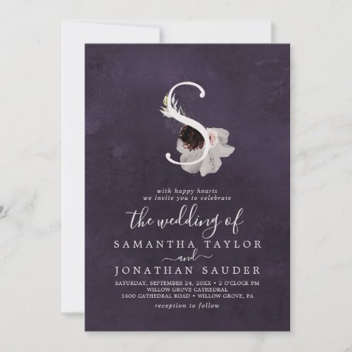 Floral Romance Letter S Monogram  Plum Wedding Invitation