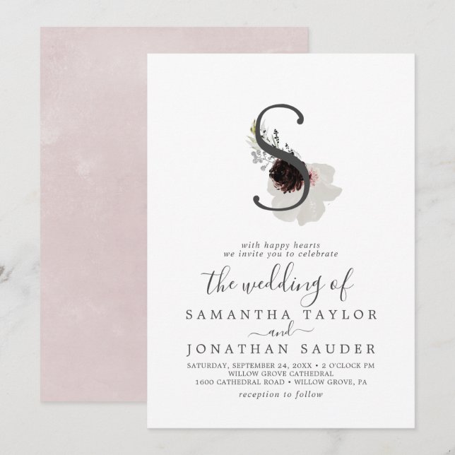 Floral Romance Letter S Monogram Wedding Invitation (Front/Back)