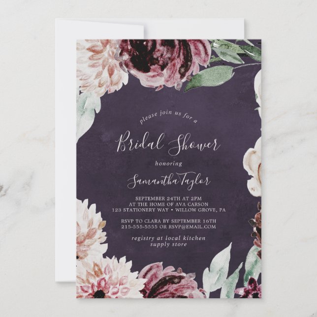 Floral Romance | Plum Bridal Shower Invitation (Front)