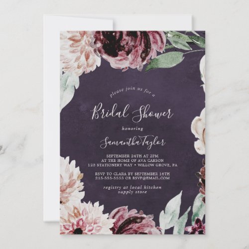 Floral Romance  Plum Bridal Shower Invitation