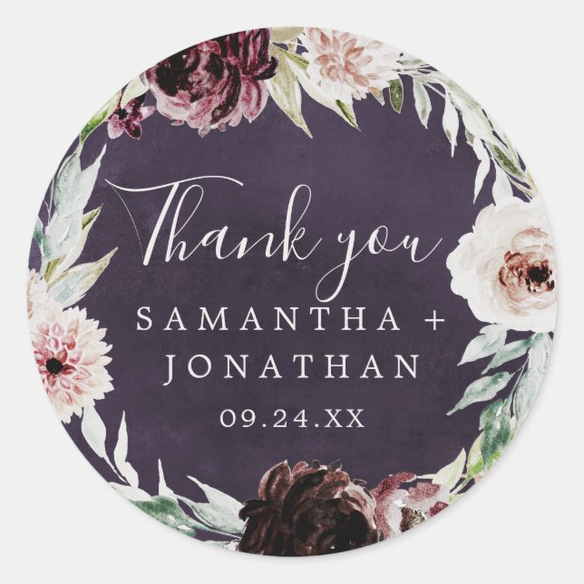 Floral Romance | Plum Thank You Favor Sticker (Front)