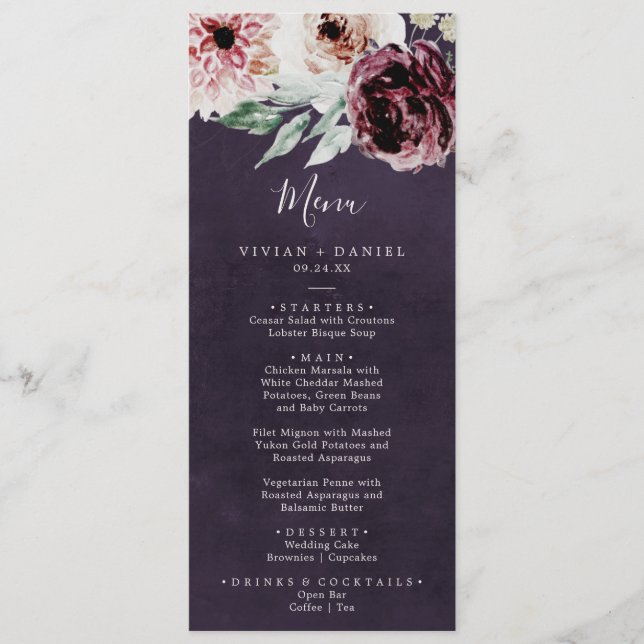 Floral Romance | Plum Wedding Dinner Menu (Front)