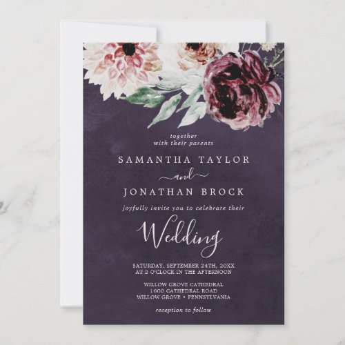 Floral Romance  Plum Wedding Invitation