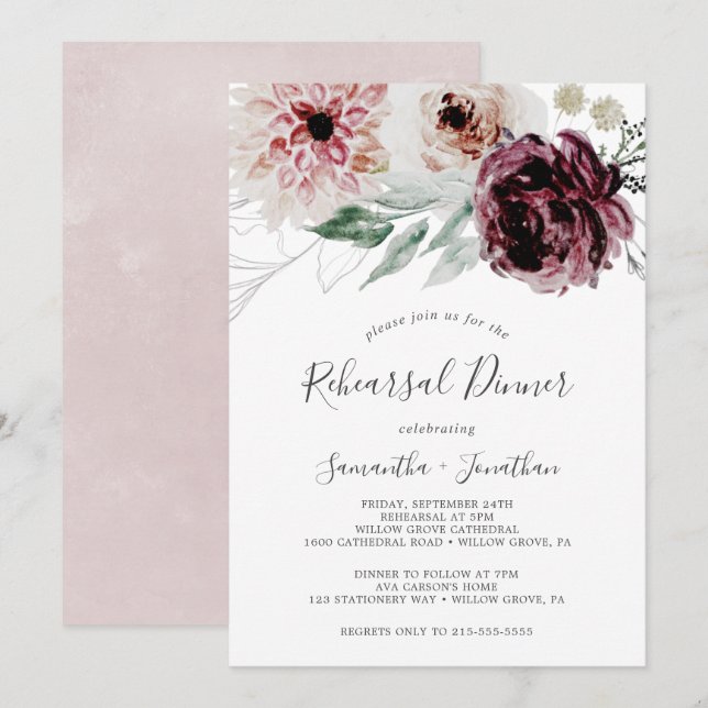 Floral Romance Rehearsal Dinner Invitation (Front/Back)