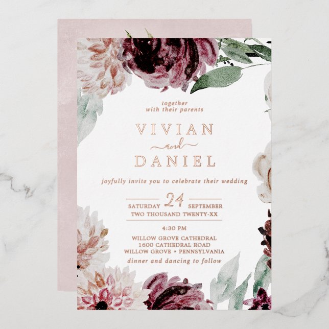 Floral Romance | Rose Gold Foil All In One Wedding Foil Invitation (Front/Back)