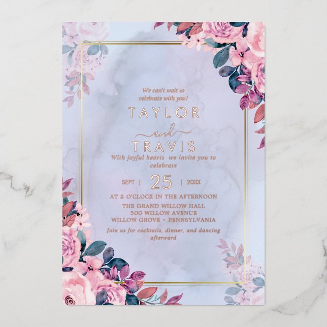 Floral Romance Rose Gold Foil All-In-One Wedding  Foil Invitation (Front)