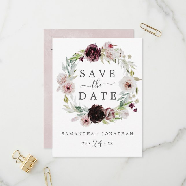 Floral Romance Save the Date Announcement Postcard (Front/Back In Situ)