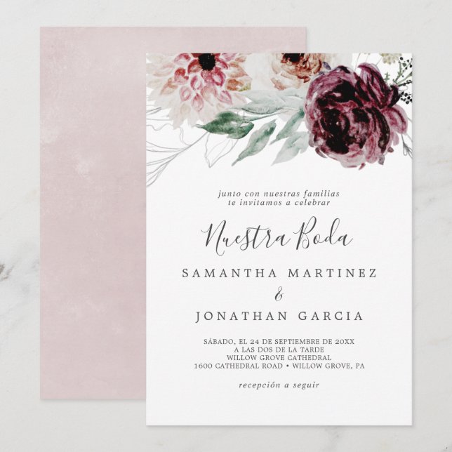 Floral Romance Spanish Nuestra Boda Invitation (Front/Back)