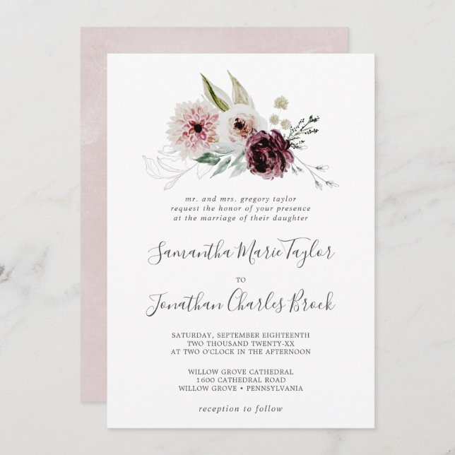 Floral Romance Traditional Wedding Invitation (Front/Back)