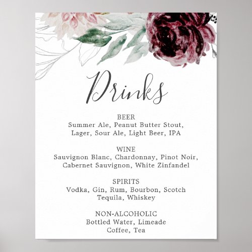 Floral Romance Wedding Drinks Menu Sign