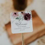 Floral Romance Wedding Welcome Square Sticker<br><div class="desc">These floral romance wedding welcome stickers are perfect for an elegant wedding. The modern rustic boho design features romantic watercolor flowers in soft tones of burgundy, mauve, blush pink and cream white with green leaves. Personalize these stickers with the location of your wedding, names, and wedding date. These labels are...</div>