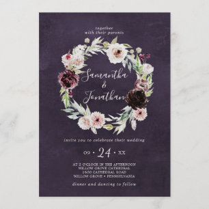 Floral Romance Wreath Plum Wedding Invitation