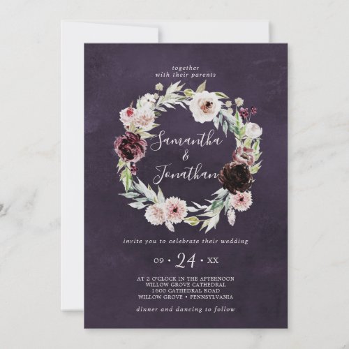 Floral Romance Wreath  Plum Wedding Invitation