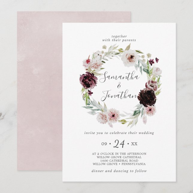 Floral Romance Wreath Wedding Invitation (Front/Back)