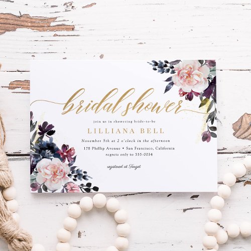 Floral Romantic Gold Elegant Script Bridal Shower Invitation