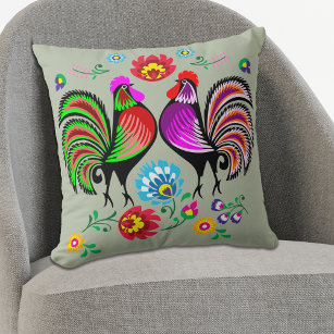 Floral Rooster Boho Pattern Throw Pillow