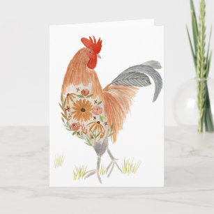 Floral Rooster Card Watercolor Cute