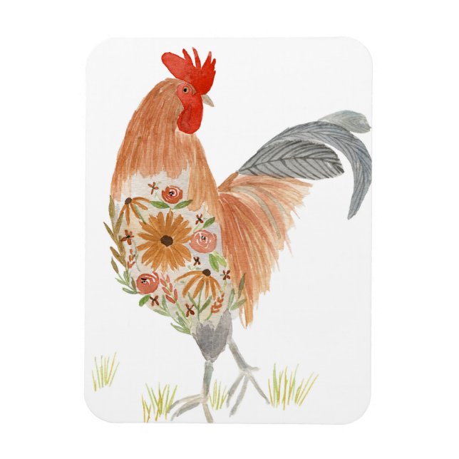 Floral Rooster Watercolor Cute Magnet (Vertical)