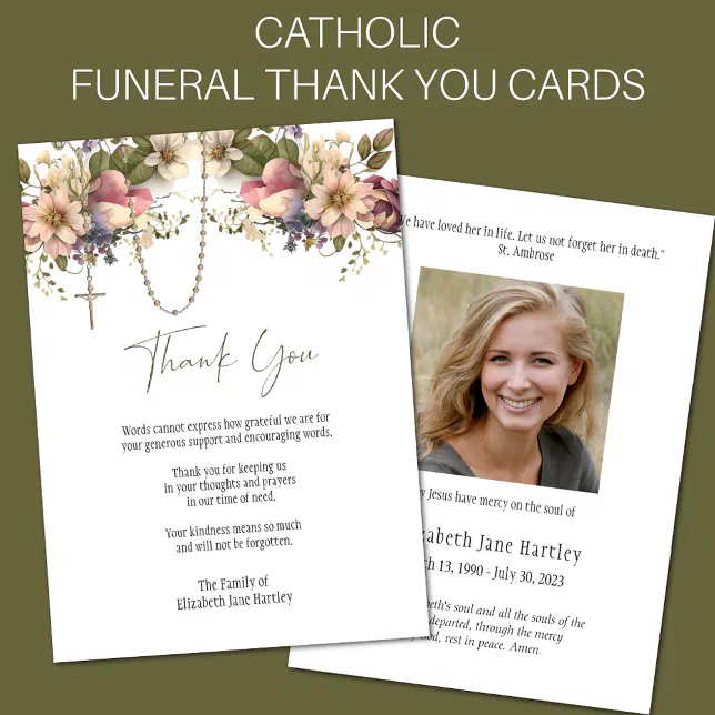 Floral Rosary Photo Funeral Condolence Sympathy Thank You Card | Zazzle