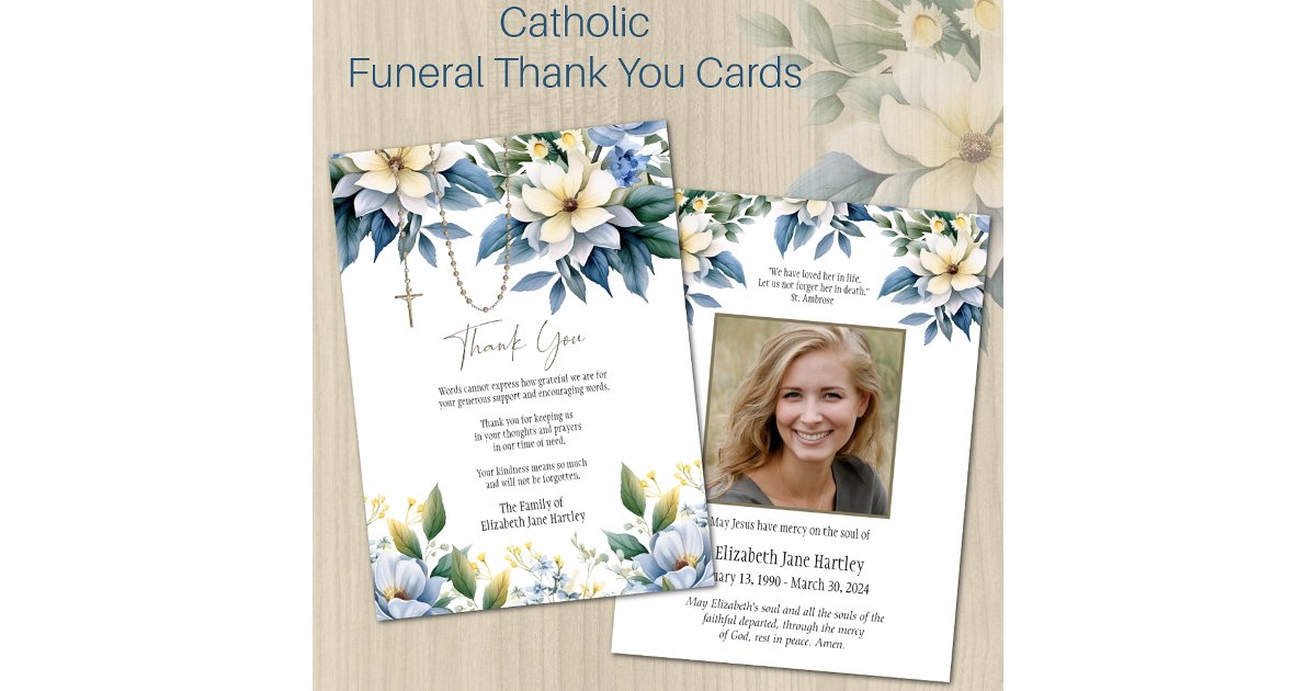 Floral Rosary Photo Funeral Condolence Sympathy Thank You Card | Zazzle