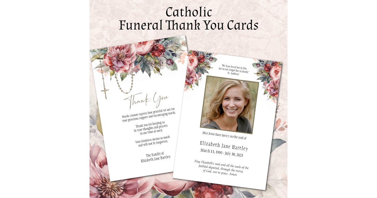Floral Rosary Photo Funeral Condolence Sympathy Thank You Card | Zazzle