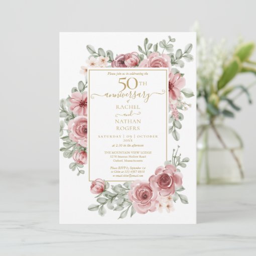 Floral Rose 50th Golden Anniversary Wedding Photo Invitation | Zazzle