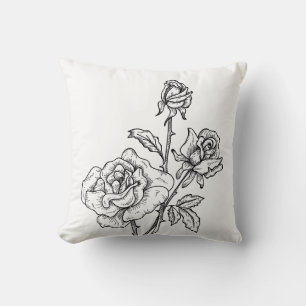 Floral Rose Black White Flowers Roses Vintage Throw Pillow