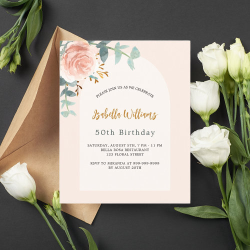 Floral rose blush arch budget birthday invitation