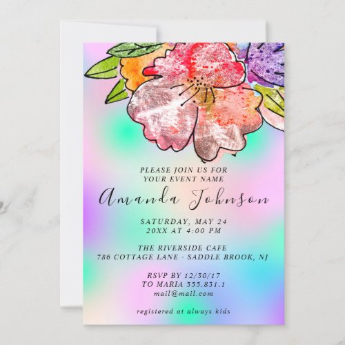 Floral Rose Bridal Shower Birthday Holograph Blue Invitation