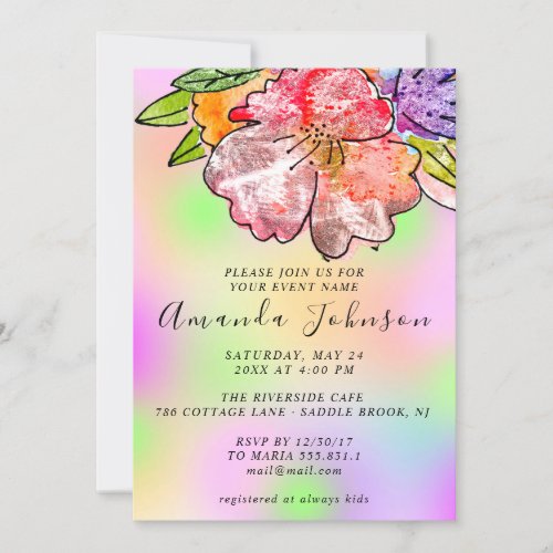 Floral Rose Bridal Shower Birthday Holographic Invitation