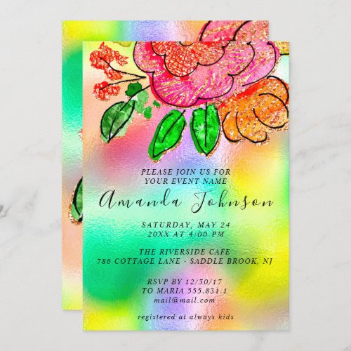 Floral Rose Bridal Shower Birthday Holographic Invitation