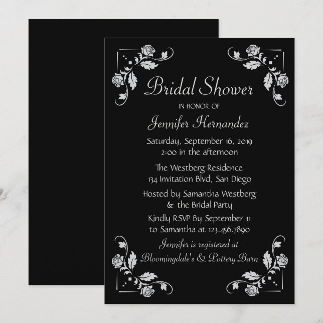 Floral Rose Bridal Shower Black & Gray Wedding Invitation (Front/Back)