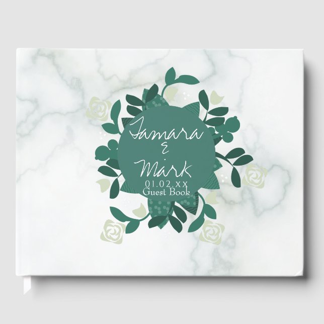 Floral Rose Bunch Wreath Marble Wedding Logo Guest Book (Front)