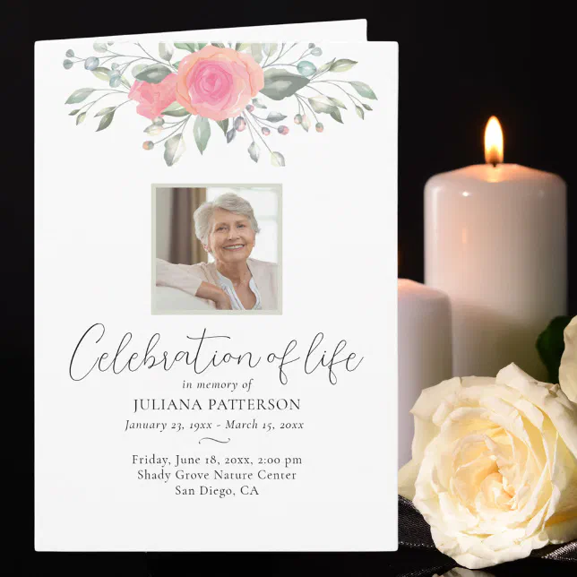 Floral Rose Celebration of Life Photos Funeral Program | Zazzle