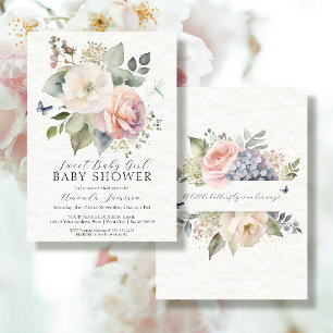 Floral Rose Cottage Garden Bouquet Pink Baby Girl Invitation